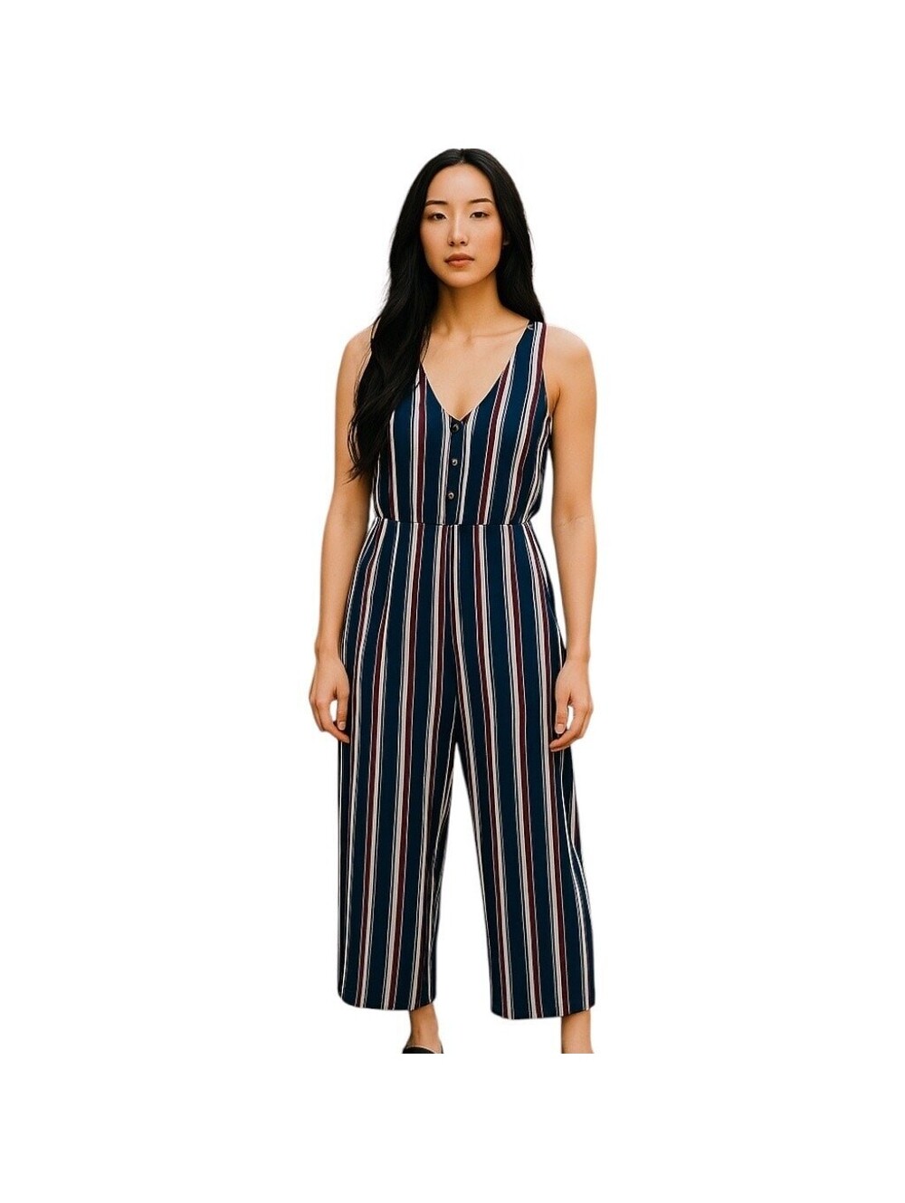 Xhilaration Womens Navy Blue Striped Wide Leg Cropped Jumpsuit Sleeveless Size S - Picture 1 of 13